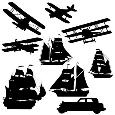 Silhouette of old transportation vehciles clipart