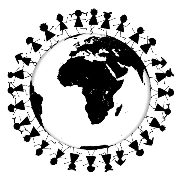 Earth globe with black children silhouettes — Stock Photo, Image