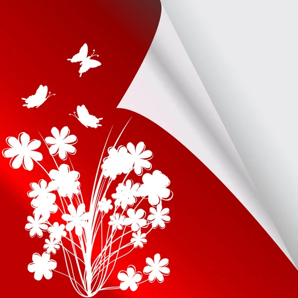 Página vermelha com flores e canto ondulado — Fotografia de Stock