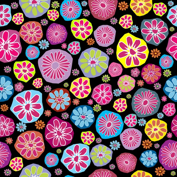 Nahtloses Muster mit farbigen Blumen auf schwarzem Hintergrund — Stockfoto