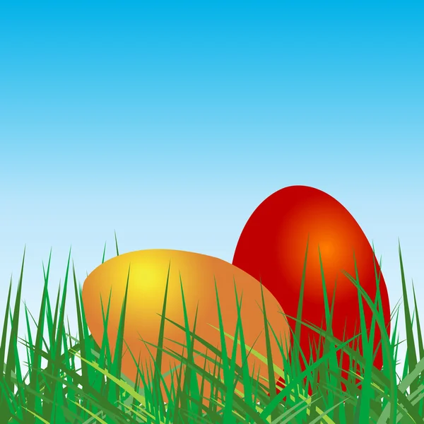 Colored eggs over grass and blue sky background — Stock Photo, Image