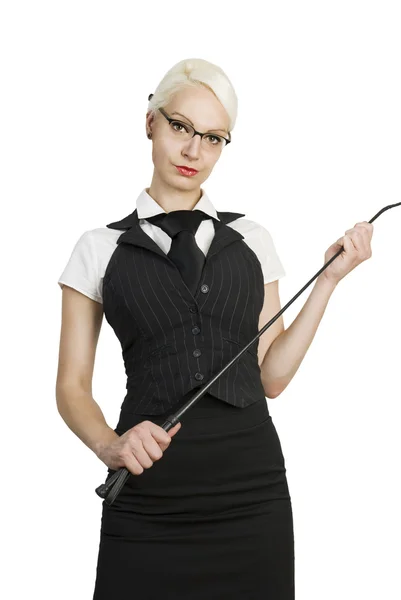Junge Geschäftsfrau mit Peitsche in der Hand. — Stockfoto