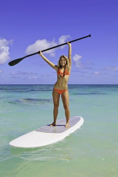 在夏威夷的桨板上的比基尼女孩 — 图库照片