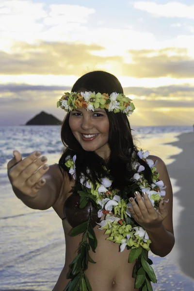 Frau Tanzt Hula Meer Hawaii Bei Sonnenaufgang — Stockfoto
