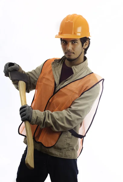 Hard hat worker with an axe — Stock Photo, Image