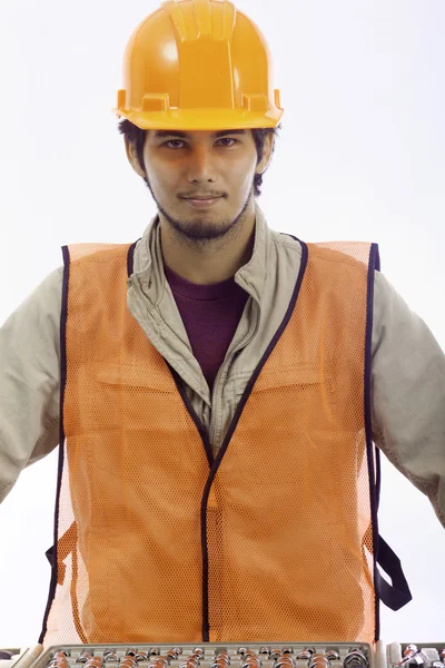 Trabalhador chapéu duro com suas ferramentas — Fotografia de Stock