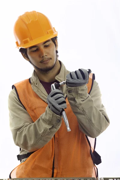 Trabalhador chapéu duro com suas ferramentas — Fotografia de Stock