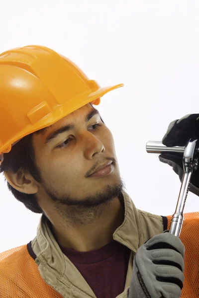 Hard hat worker with his tools — Stock Photo, Image
