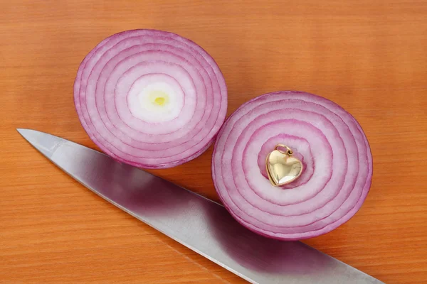 Two Red Onion Halves Kitchen Knife Golden Heart Kitchen Board Stock Picture