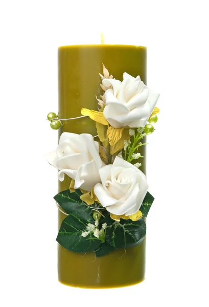 Large green candle with the flower decoration — Stock Photo, Image