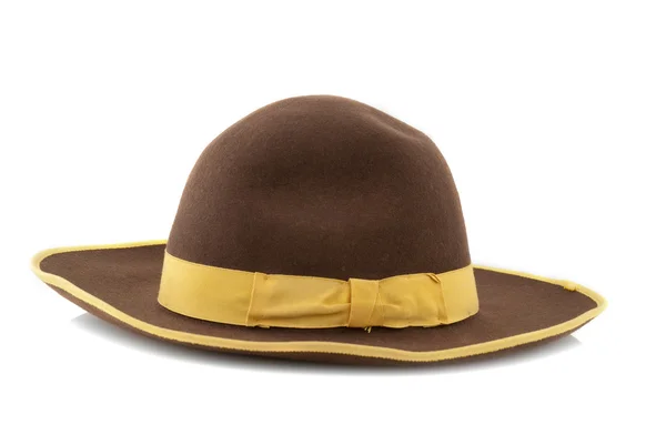 Sarı döngü ile korkuluk kahverengi keçe şapka ile — Stok fotoğraf