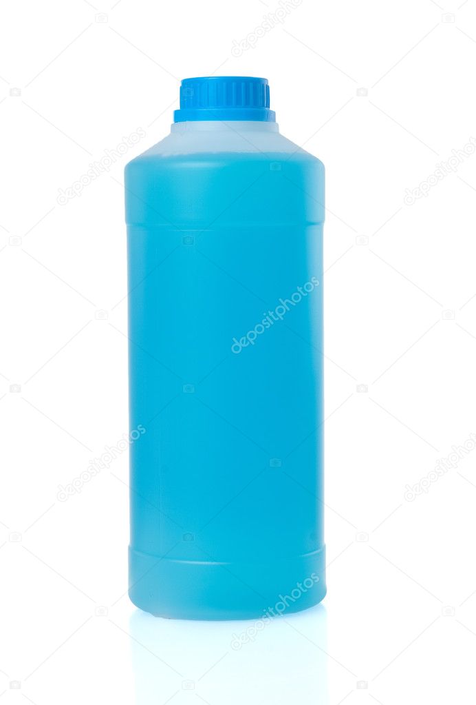 Blue liquid in trasparent plastic bottle