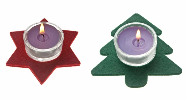Red star and green pine tree Christmas decorations with candles — Stock Photo, Image