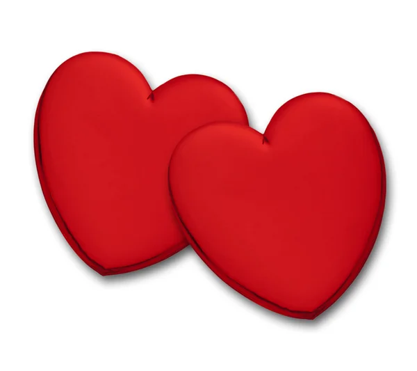 Zwei Glänzende Rote Herzen Auf Weißem Hintergrund — Stockfoto