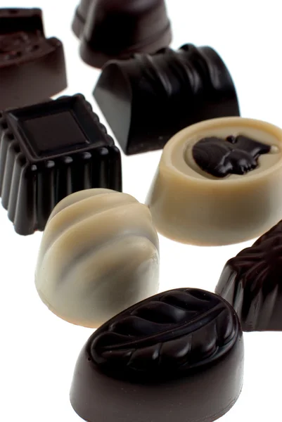 Delicious Dark Milk White Chocolate Pralines Isolated White Background — Stock Photo, Image