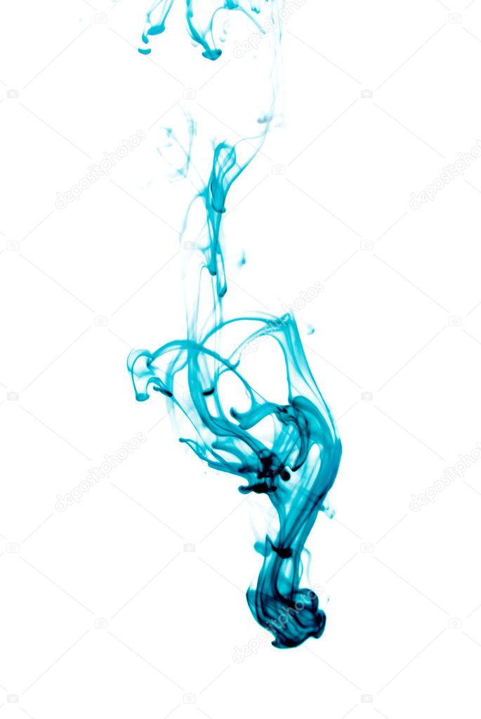 Blue ink splash flowing in water isolated on white background.