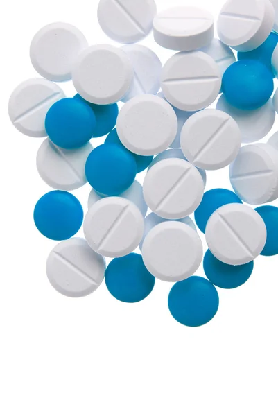 Makro Zobrazení Bílé Modré Pilulky Modrém Pozadí — Stock fotografie
