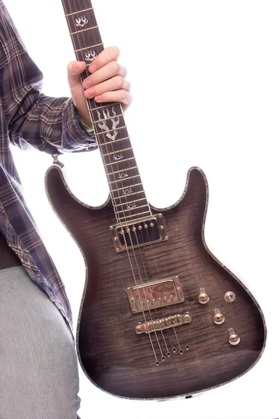 Guitarrista Segurando Sua Guitarra Contra Fundo Branco — Fotografia de Stock
