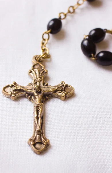 Closeup Cross String Rosary Beads — Stock Photo, Image