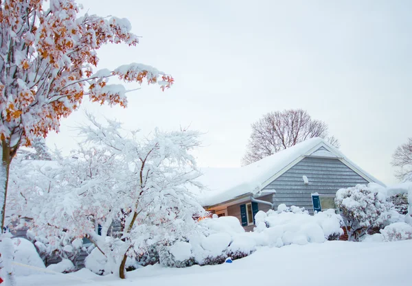 典型的なアメリカ牧場スタイルの家光重い降雪の後の朝 — ストック写真