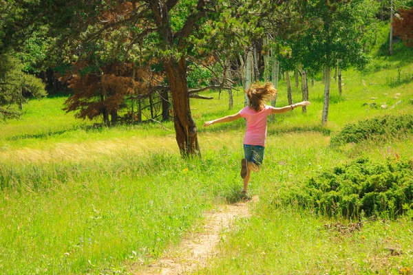 Sweet Image Young Girl Running Carefree Green Field — Stock Photo, Image