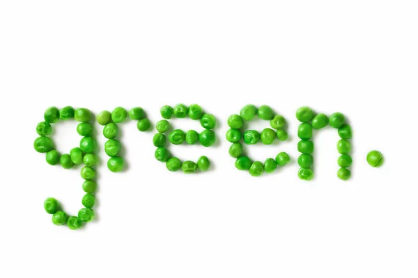 Palavra Verde Soletrado Com Ervilhas Verdes Brilhantes — Fotografia de Stock