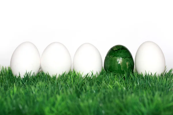 Зеленое яйцо между белыми яйцами — стоковое фото