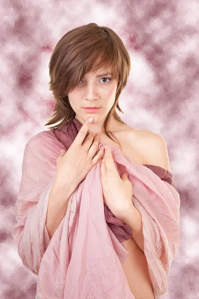 Naked girl in a transparent shawl — Stock Photo, Image
