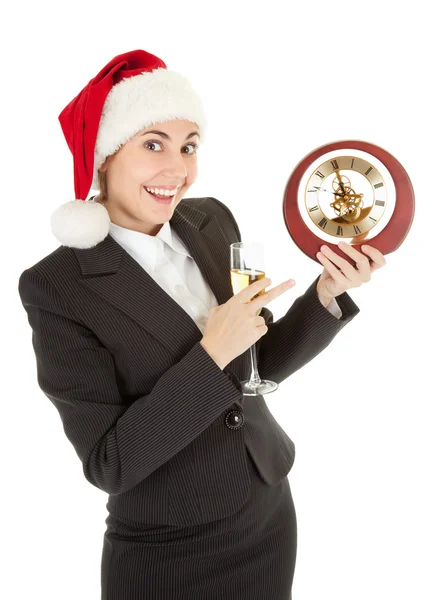 Business girl in Santa hat and with champagne — Stock Photo, Image