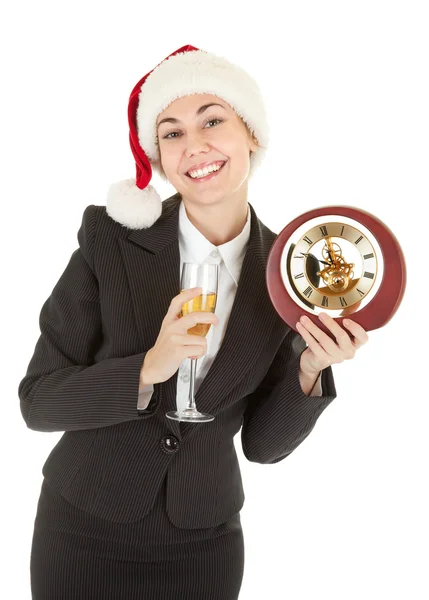 业务的女孩在圣诞老人帽子和香槟 — 图库照片