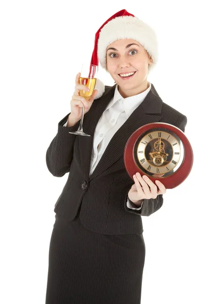 Chica de negocios en Santa sombrero y con champán —  Fotos de Stock