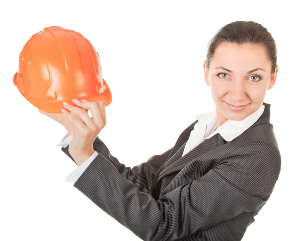 Woman in a business suit with helmet — Stock Photo, Image