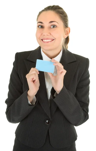Mulher de negócios com cartão de pagamento em branco — Fotografia de Stock