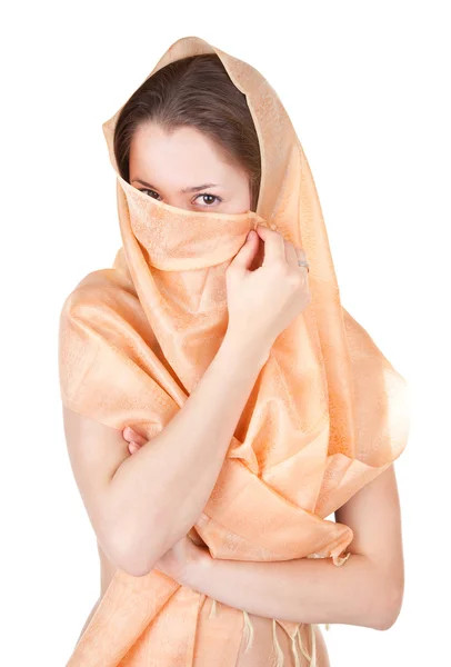 Naked girl in a transparent shawl — Stock Photo, Image