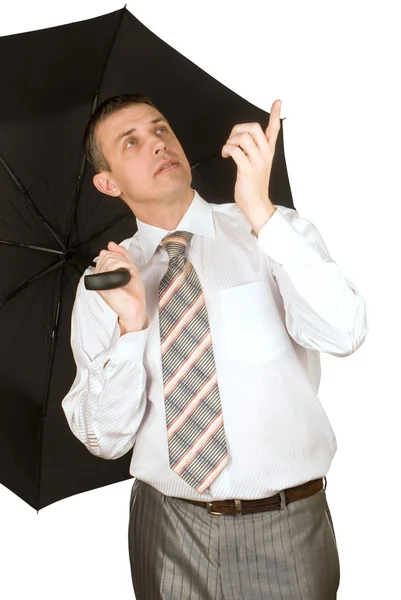Biznesmen Sprawdza Obecność Deszcz Palec Ulicy — Zdjęcie stockowe