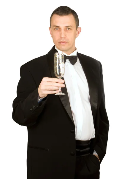Homem Imponente Smoking Clássico Com Copo Vinho — Fotografia de Stock
