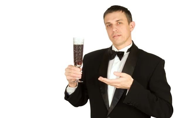 Elegante Man Geeft Voorkeur Aan Rode Zoete Druiven Wijn — Stockfoto