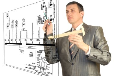 The engineer-designer develops the scheme of automation of connection of a power electric equipment clipart