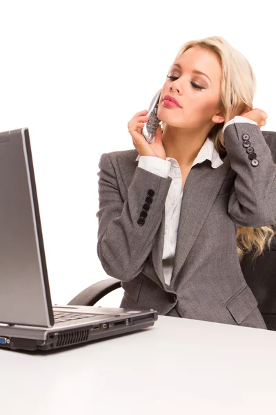 Portrait Sexy Business Woman Sitting Desk Laptop Speaking Phone Smiling — Stock Photo, Image