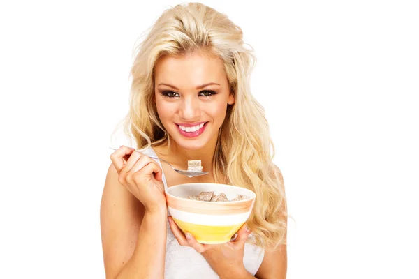 Sexy Woman Sitting Bed Eating Cereal Smiling — Stock Photo, Image