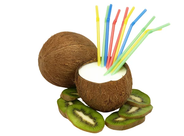 Kokosnuss Mit Milchshake Kiwi Und Bunten Cocktailhalmen — Stockfoto