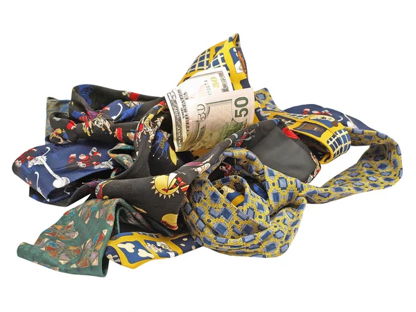 Sada Různobarevných Kravaty Padesát Dolarů Bill Bílém Pozadí — Stock fotografie