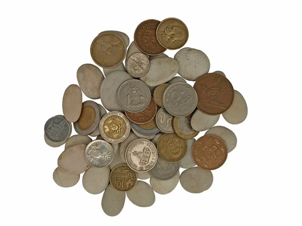Monedas Dispersas Sobre Pequeñas Piedras Lisas —  Fotos de Stock