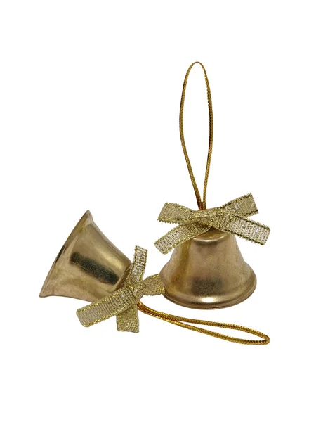 Twee Gouden Kerst Bells Een Witte Achtergrond — Stockfoto
