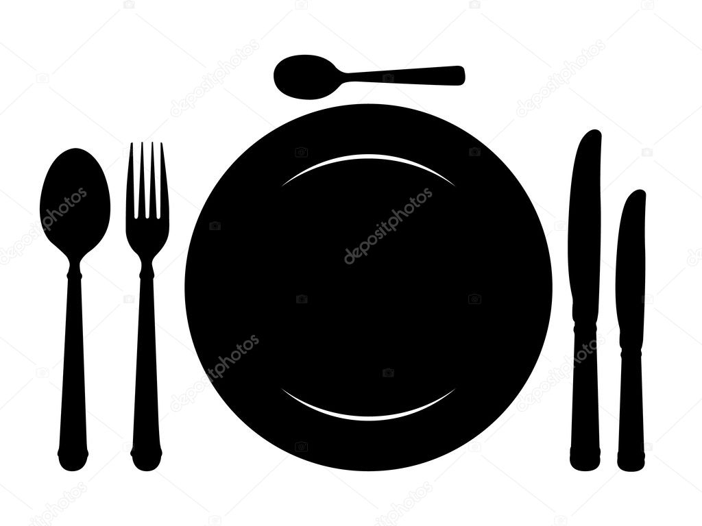 Design place setting with knives, plate, spoons and fork.