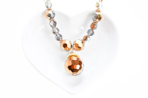 Jewel Necklace Heart Shaped Saucer White Background — Stock Photo, Image