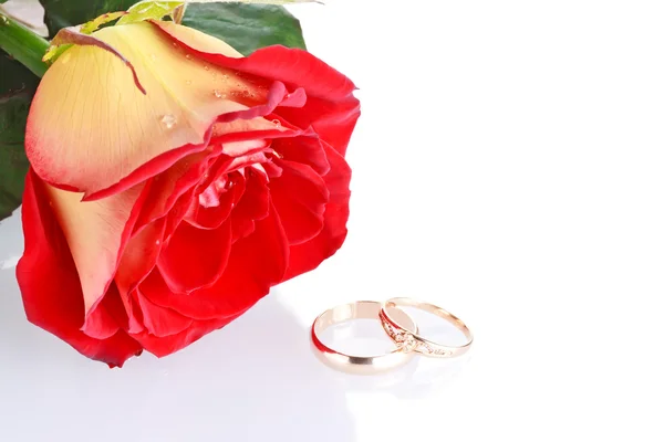 2 つの結婚指輪結婚式のコンセプトとして新鮮な赤いバラを — ストック写真