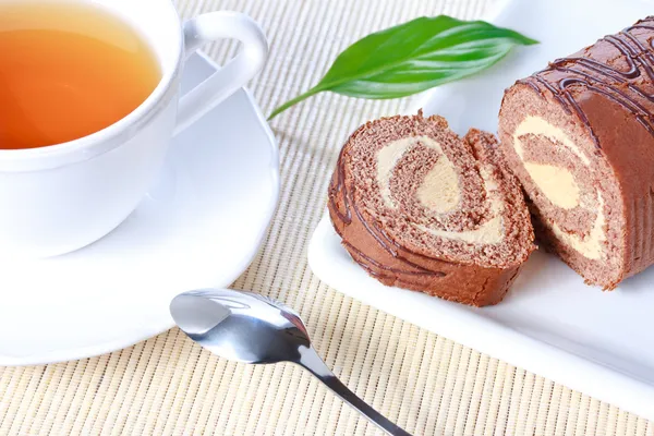 stock image Closeup swiss roll with condensed milk cream on