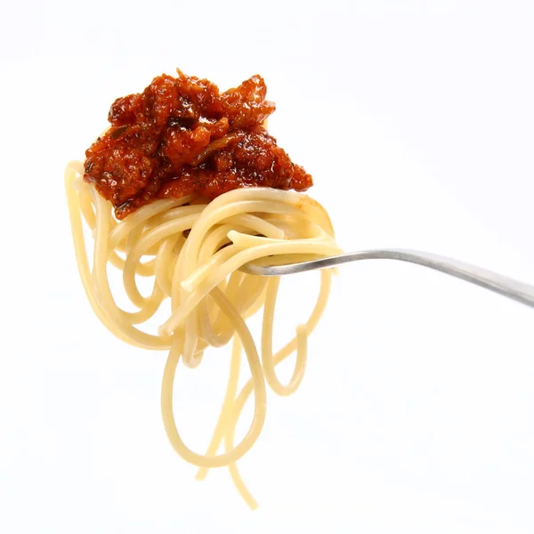 Bolognese spaghetti na widelcu — Zdjęcie stockowe