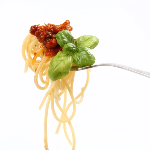 Espaguetis boloñeses en un tenedor — Foto de Stock